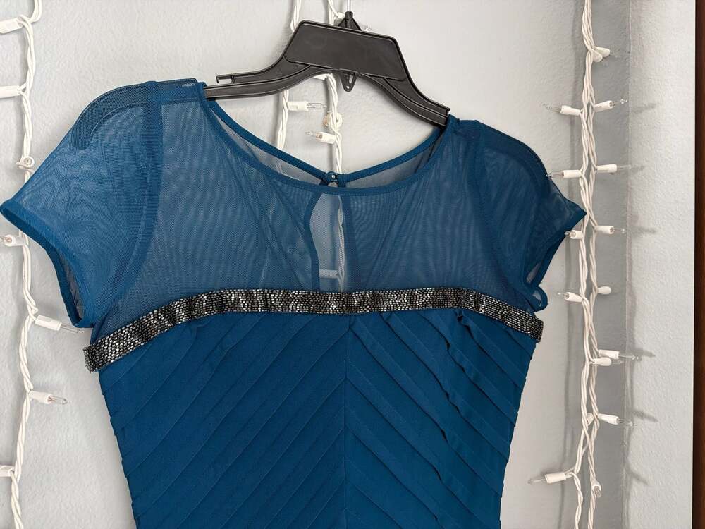 Calvin Klein Teal Mesh Yoke Beaded Chevron Pleated Sheath Dress - Picture 4 of 12